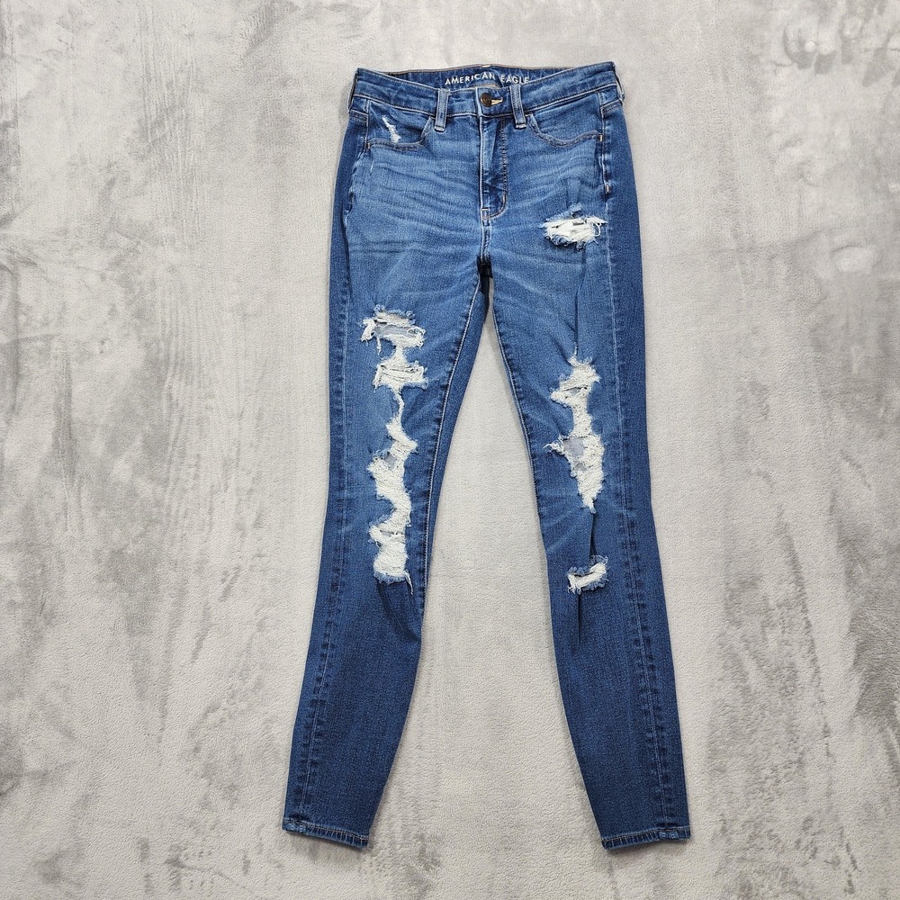 American Eagle Jeans Womens 4 Blue‎ Super High Rise Dream Jegging Distressed
